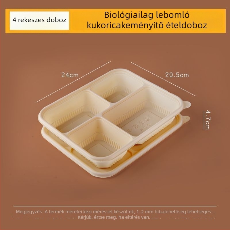 Biodegradábilis kukoricasztiára alapú ebédes doboz, 2–4 rekesz, kör-négyzetes formájú