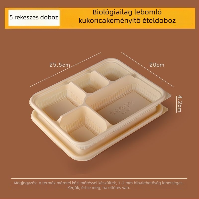 Biodegradábilis kukoricasztiára alapú ebédes doboz, 2–4 rekesz, kör-négyzetes formájú