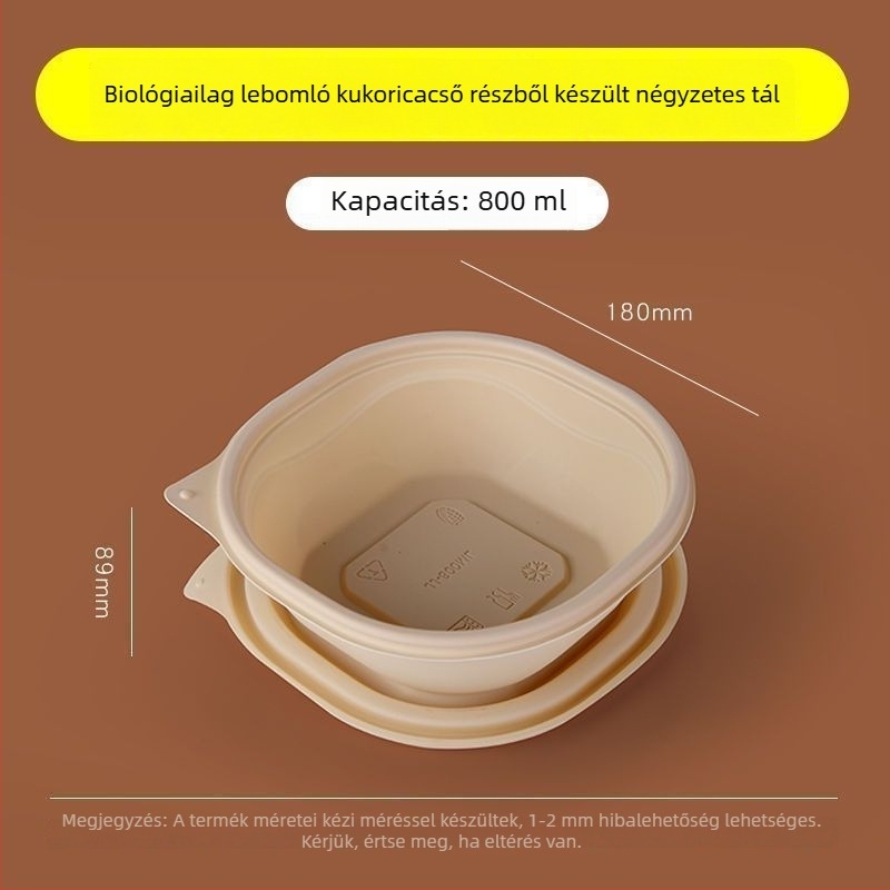 Biodegradábilis kukoricasztiára alapú ebédes doboz, 2–4 rekesz, kör-négyzetes formájú