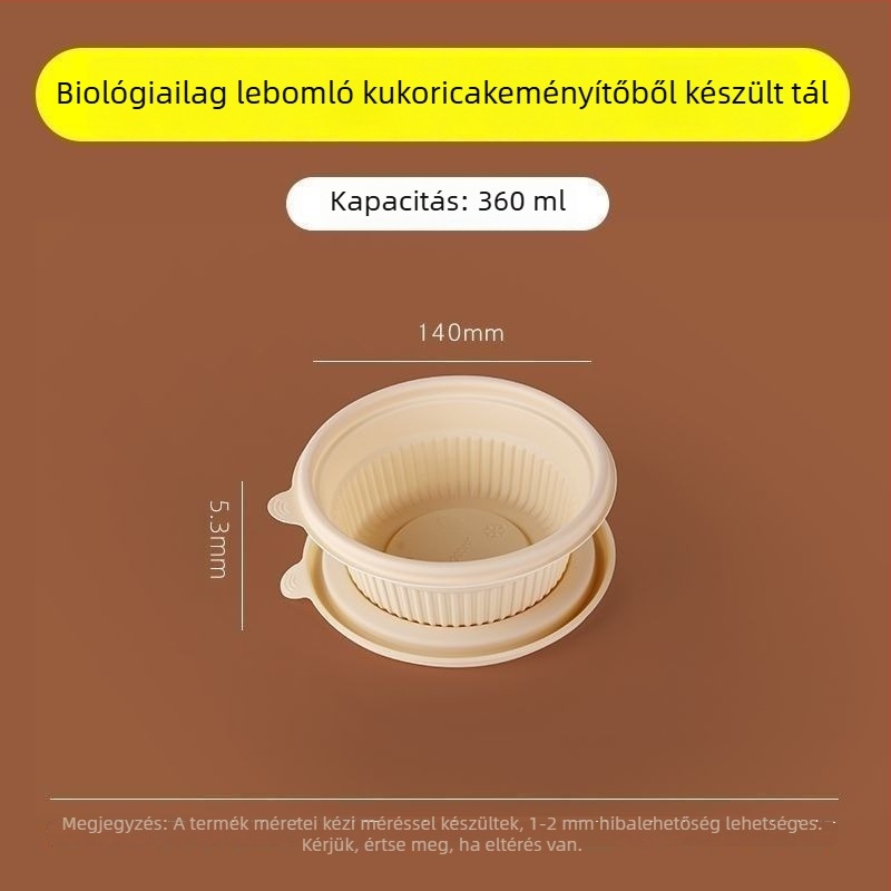Biodegradábilis kukoricasztiára alapú ebédes doboz, 2–4 rekesz, kör-négyzetes formájú