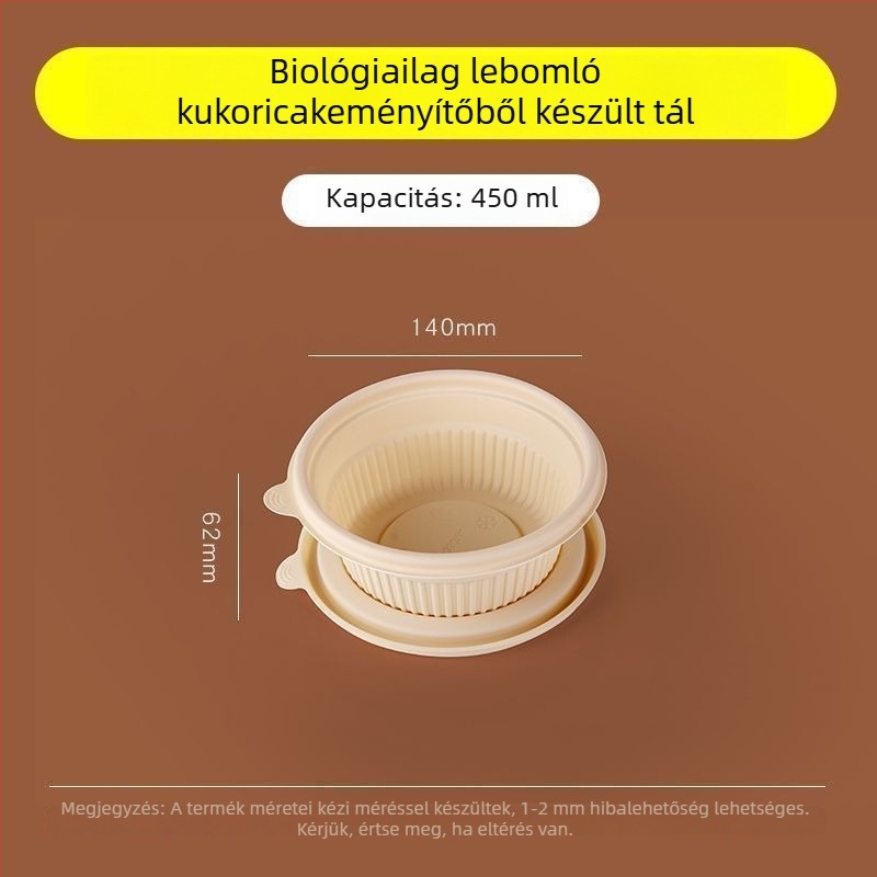 Biodegradábilis kukoricasztiára alapú ebédes doboz, 2–4 rekesz, kör-négyzetes formájú