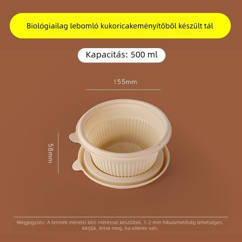 Biodegradábilis kukoricasztiára alapú ebédes doboz, 2–4 rekesz, kör-négyzetes formájú