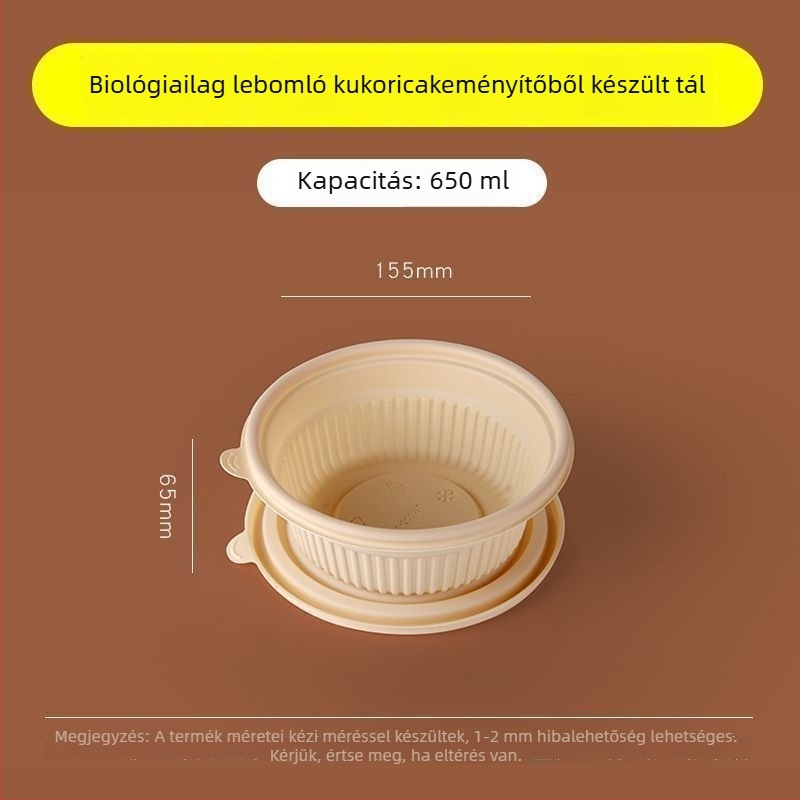 Biodegradábilis kukoricasztiára alapú ebédes doboz, 2–4 rekesz, kör-négyzetes formájú