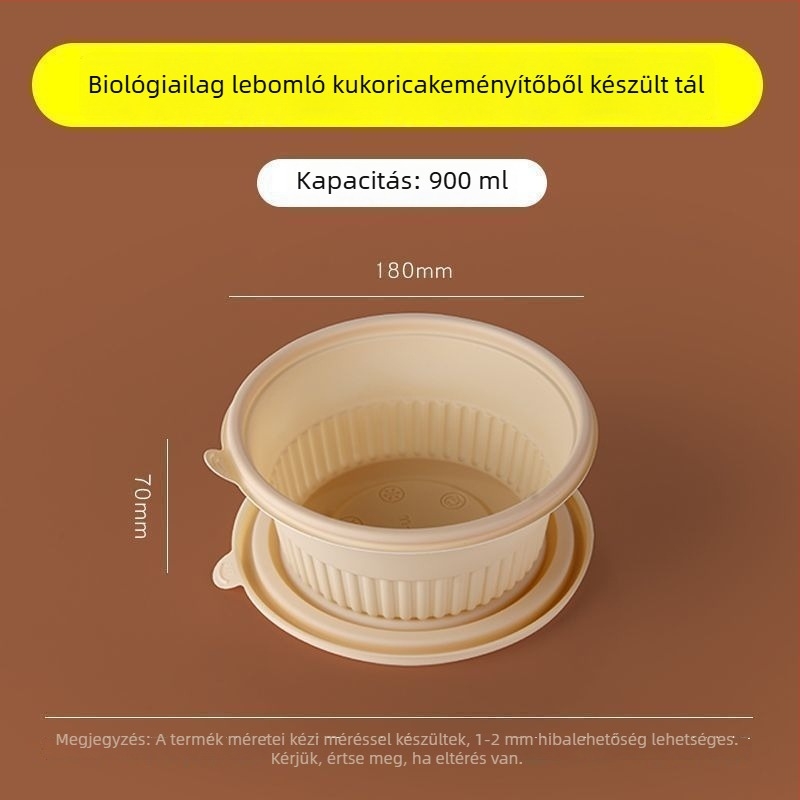 Biodegradábilis kukoricasztiára alapú ebédes doboz, 2–4 rekesz, kör-négyzetes formájú