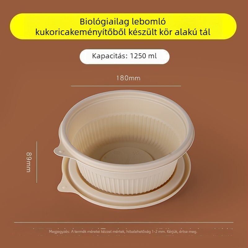Biodegradábilis kukoricasztiára alapú ebédes doboz, 2–4 rekesz, kör-négyzetes formájú