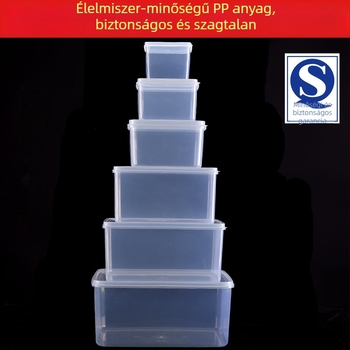 Műanyag négyszögletes élelmiszertároló edény fedéllel, mikrohullámú sütőben használható