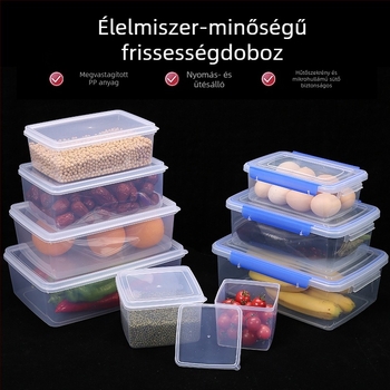 Műanyag négyszögletes élelmiszertároló edény fedéllel, mikrohullámú sütőben használható