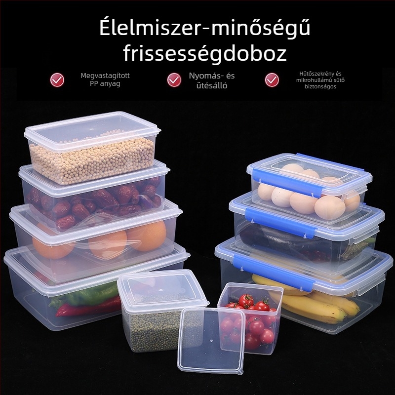 Műanyag négyszögletes élelmiszertároló edény fedéllel, mikrohullámú sütőben használható