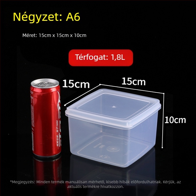 Műanyag négyszögletes élelmiszertároló edény fedéllel, mikrohullámú sütőben használható