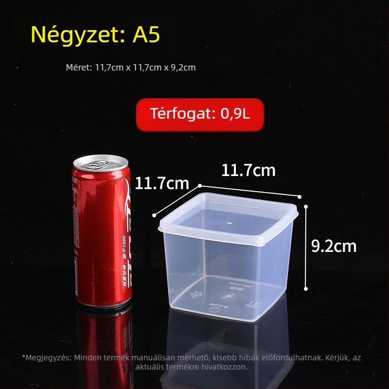 Műanyag négyszögletes élelmiszertároló edény fedéllel, mikrohullámú sütőben használható