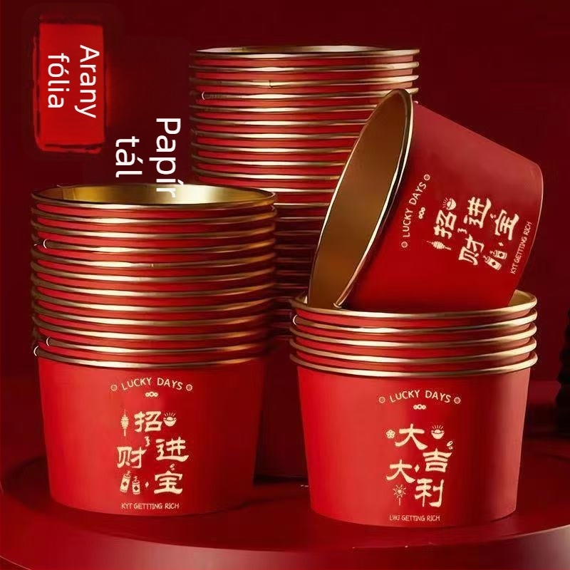 Egyszer használatos papírtál aranyfóliával a tavaszi ünnepi családi étkezésekhez; anyag: papír + PE film; eltarthatóság: 12 hónap; kategória: egyszer használatos tál