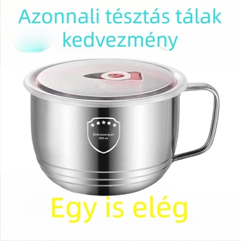Rozsdamentes acél tésztaétel tál fedéllel, kapacitás 3,1–4 L, nem mikrohullámú készülékhez, tartalmaz pálcikákat és kanalat