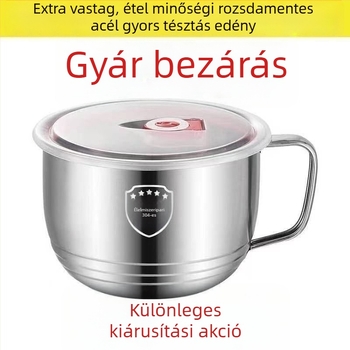 Rozsdamentes acél tésztaétel tál fedéllel, kapacitás 3,1–4 L, nem mikrohullámú készülékhez, tartalmaz pálcikákat és kanalat
