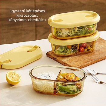 Üveg ebédes doboz téglalap alakú, fedéllel és osztott rekeszekkel, mikrózható, 501–800 ml