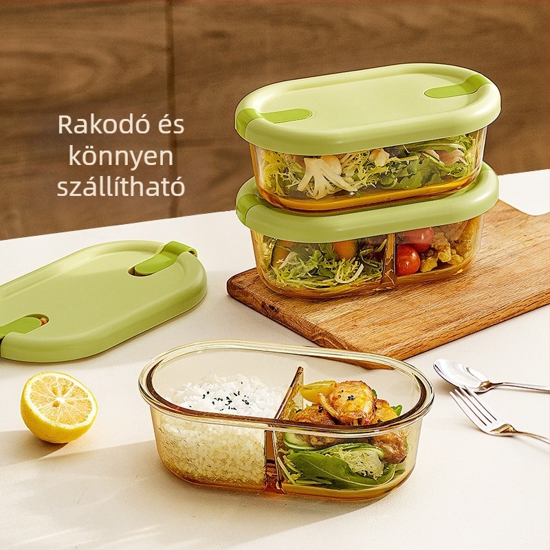 Üveg ebédes doboz téglalap alakú, fedéllel és osztott rekeszekkel, mikrózható, 501–800 ml