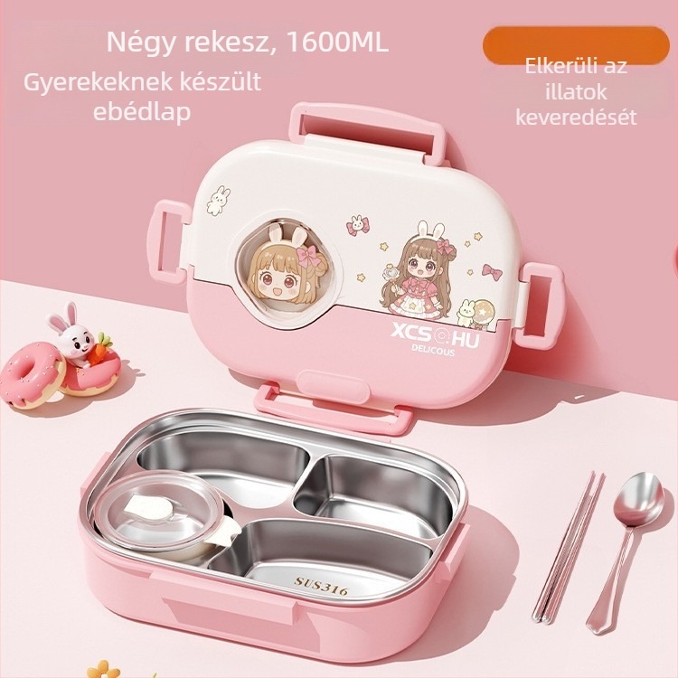 316 rozsdamentes acél szigetelt ebédes doboz diákok számára – karikatúra jellegű téglalap alakú kialakítás, mikrosütőben használható, 1–2 L kapacitás, négy rekeszes Bento doboz