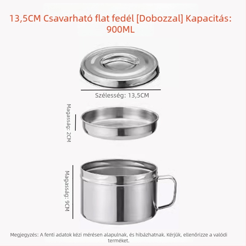 Rozsdamentes acél tészta­tál fedővel, leveses tál egyetemistáknak, pálcikákkal és kanállal, 1–2 L