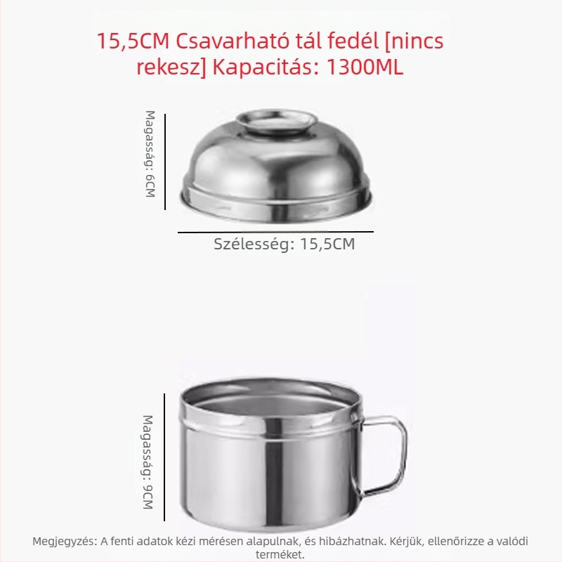 Rozsdamentes acél tészta­tál fedővel, leveses tál egyetemistáknak, pálcikákkal és kanállal, 1–2 L