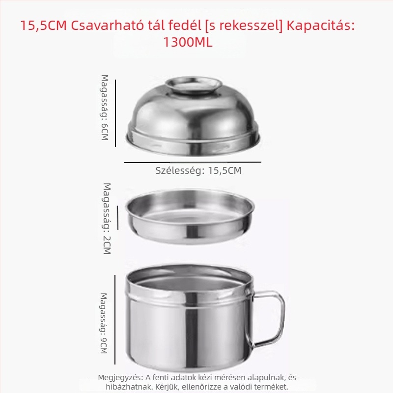 Rozsdamentes acél tészta­tál fedővel, leveses tál egyetemistáknak, pálcikákkal és kanállal, 1–2 L