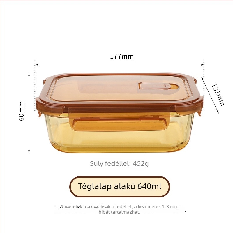 Ambraszínű üvegből készült ebédes doboz, mikrohullámú sütőben melegíthető, lezárt, 800-1000 ml, iroda és iskola számára