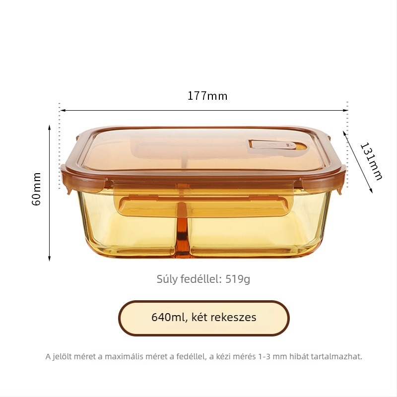 Ambraszínű üvegből készült ebédes doboz, mikrohullámú sütőben melegíthető, lezárt, 800-1000 ml, iroda és iskola számára