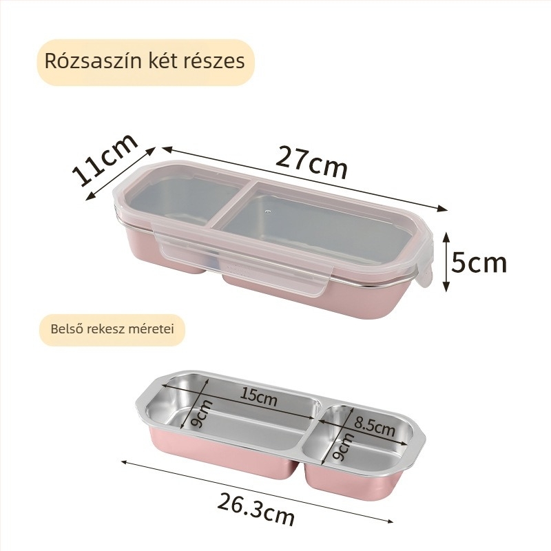 Rekeszes ebédes doboz rozsdamentes acélból, 304 rozsdamentes acél, szagzáró fedél, cseppmentes, 501–800 ml kapacitás