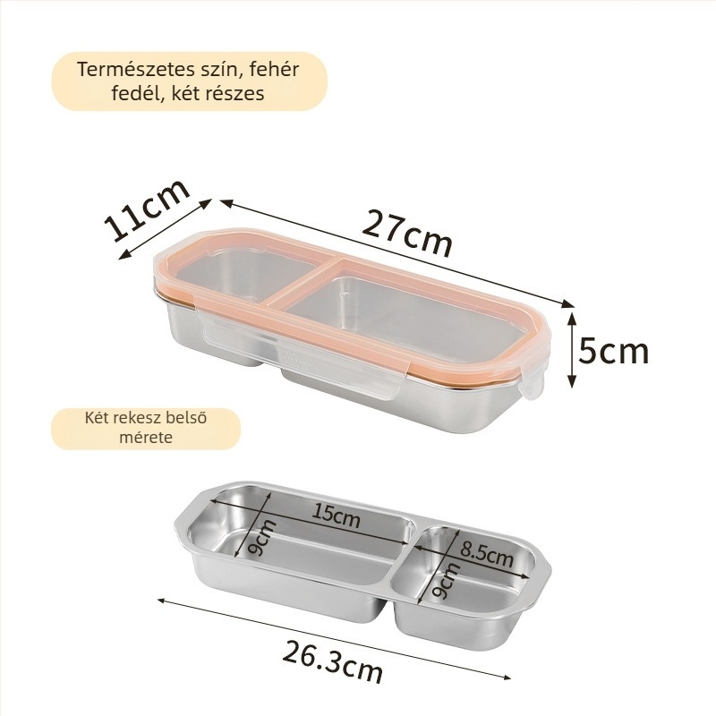 Rekeszes ebédes doboz rozsdamentes acélból, 304 rozsdamentes acél, szagzáró fedél, cseppmentes, 501–800 ml kapacitás