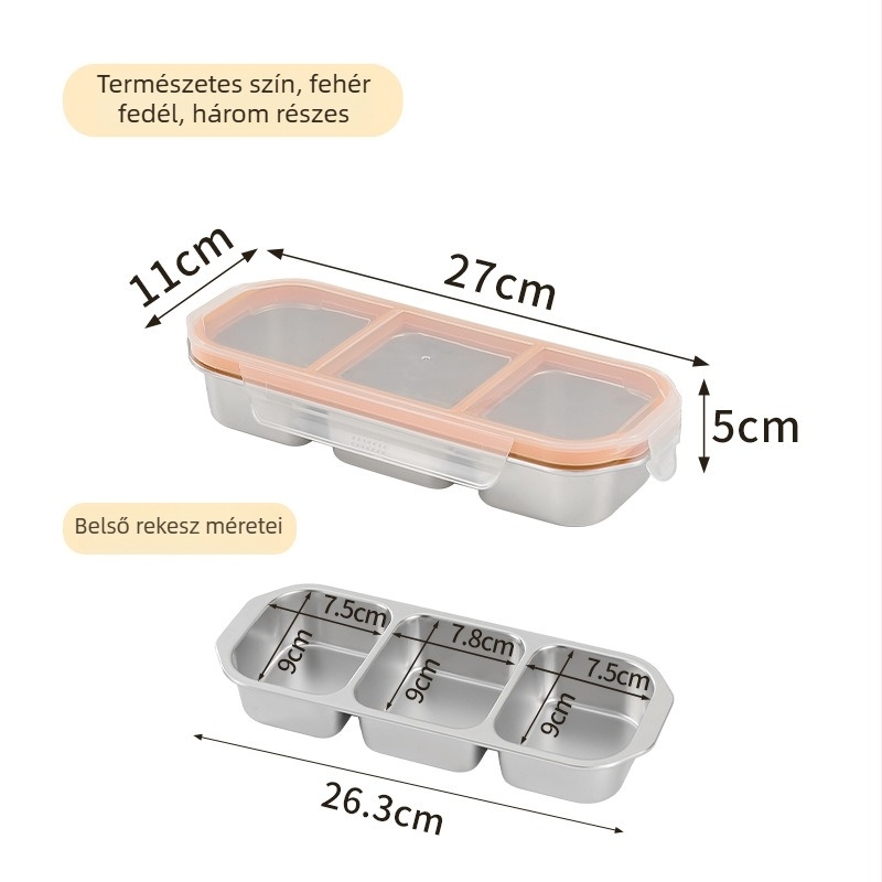 Rekeszes ebédes doboz rozsdamentes acélból, 304 rozsdamentes acél, szagzáró fedél, cseppmentes, 501–800 ml kapacitás