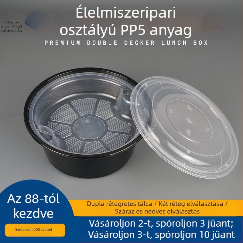 Kétszintes leveses doboz felül és alul rekesszel, száraz/nedves tartalom elválasztva, egyszer használatos tál wonton vermicelli tésztával; Műanyag • Nem alkalmas mikrohullámú sütőre • Logó nyomtatása lehetséges • Bruttó súly kb. 8 kg