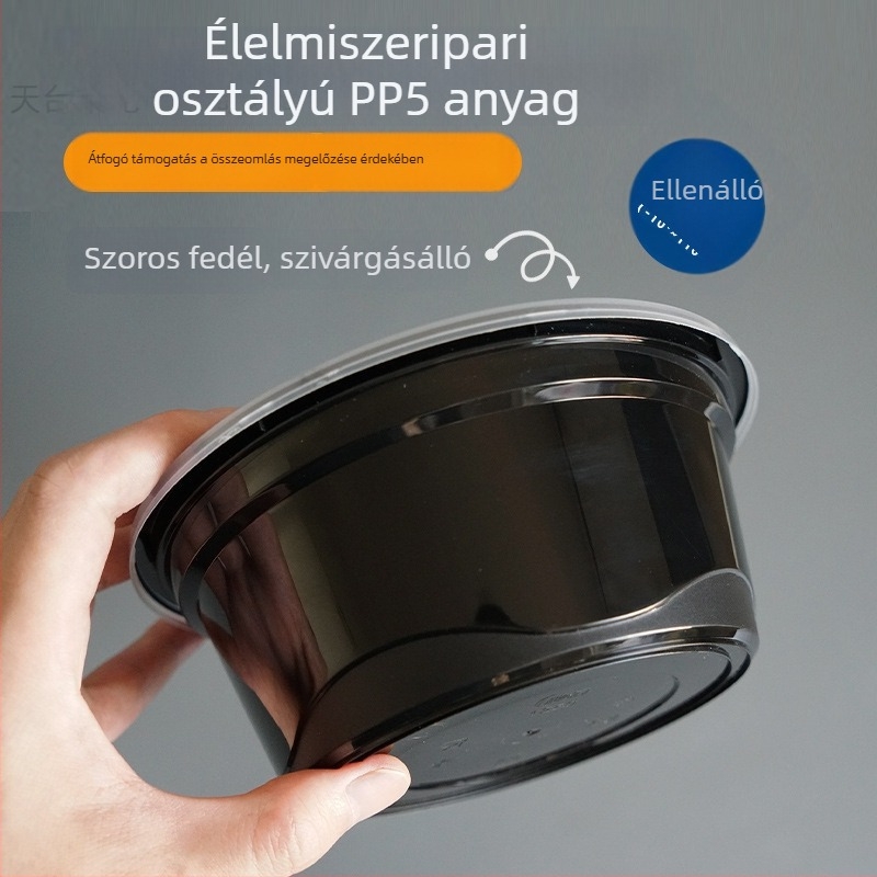 Kétszintes leveses doboz felül és alul rekesszel, száraz/nedves tartalom elválasztva, egyszer használatos tál wonton vermicelli tésztával; Műanyag • Nem alkalmas mikrohullámú sütőre • Logó nyomtatása lehetséges • Bruttó súly kb. 8 kg