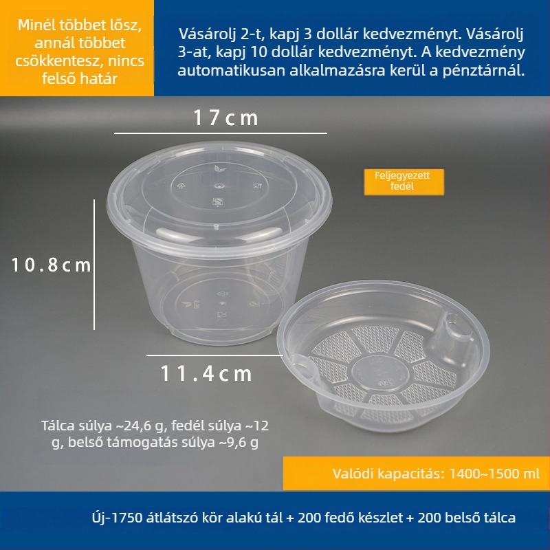 Kétszintes leveses doboz felül és alul rekesszel, száraz/nedves tartalom elválasztva, egyszer használatos tál wonton vermicelli tésztával; Műanyag • Nem alkalmas mikrohullámú sütőre • Logó nyomtatása lehetséges • Bruttó súly kb. 8 kg