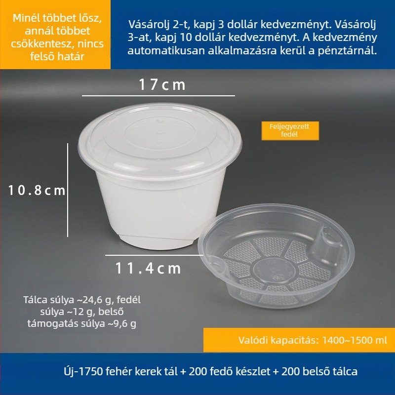 Kétszintes leveses doboz felül és alul rekesszel, száraz/nedves tartalom elválasztva, egyszer használatos tál wonton vermicelli tésztával; Műanyag • Nem alkalmas mikrohullámú sütőre • Logó nyomtatása lehetséges • Bruttó súly kb. 8 kg