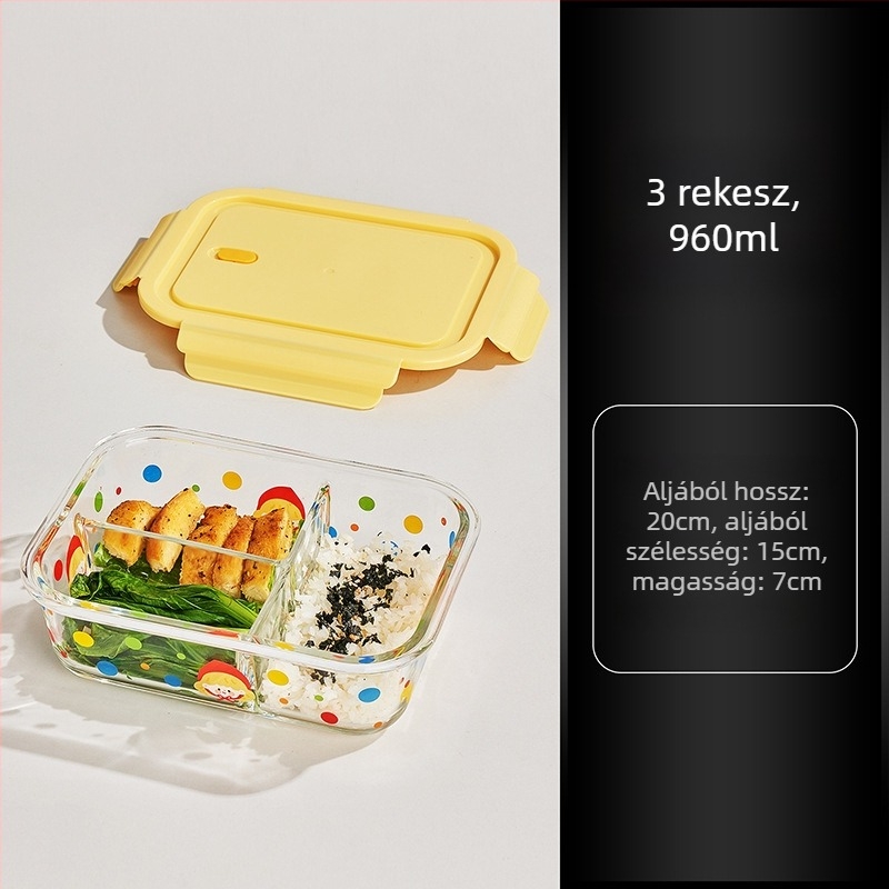 Üveg ebédes doboz fedővel irodába, mikrohullámú sütőben használható, 800–1000 ml kapacitás, négyszögletes forma, frissen tartja az ételt