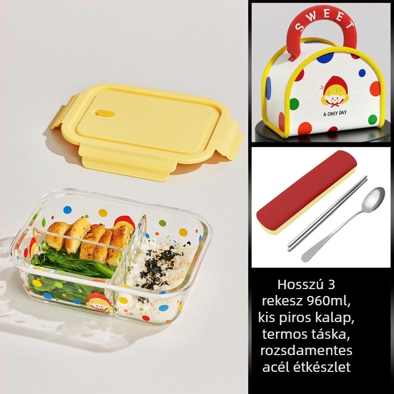 Üveg ebédes doboz fedővel irodába, mikrohullámú sütőben használható, 800–1000 ml kapacitás, négyszögletes forma, frissen tartja az ételt