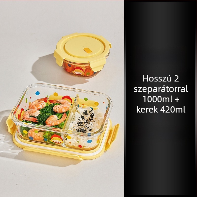 Üveg ebédes doboz fedővel irodába, mikrohullámú sütőben használható, 800–1000 ml kapacitás, négyszögletes forma, frissen tartja az ételt