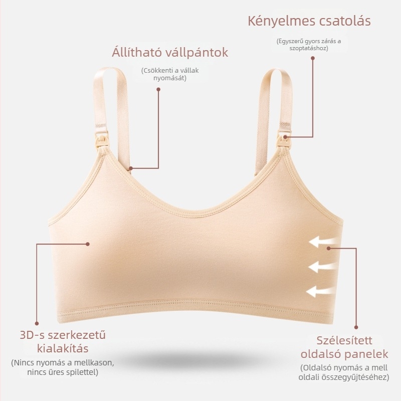 Szoptatós melltartó előre nyíló gombos záródással, formázott vékony kosarak, drót nélküli, nylon/poliamid anyag