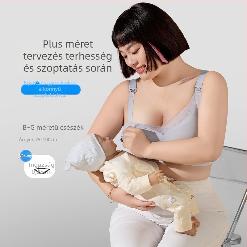 Posztpartum szoptatós melltartó - varrás nélküli, egyrészes dizájn; nejlon anyagú külső, 90–95% pamut bélés, levehető dupla vállpántok, nincs acél gyűrű, hátul négy sor záródás, szoptatási funkció