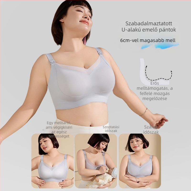 Posztpartum szoptatós melltartó - varrás nélküli, egyrészes dizájn; nejlon anyagú külső, 90–95% pamut bélés, levehető dupla vállpántok, nincs acél gyűrű, hátul négy sor záródás, szoptatási funkció