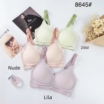 Szoptatós melltartó anyáknak: leválasztható dupla vállpántok, vékony formázott kosarak, csipkés szegély, fő anyag nylon 80–90%, bélés pamut, acélgyűrű nélküli