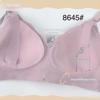 Szoptatós melltartó anyáknak: leválasztható dupla vállpántok, vékony formázott kosarak, csipkés szegély, fő anyag nylon 80–90%, bélés pamut, acélgyűrű nélküli