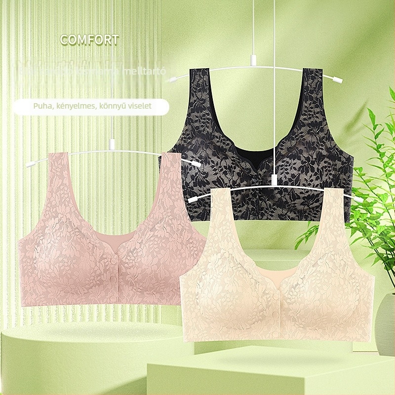 Csipkés előre nyíló zárású szoptatós melltartó, latex alakított kosár, 3/4-es kosár, lélegző nylon, kényelmes