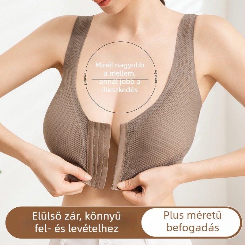 Varrásmentes szoptatós melltartó elöl záródó, nagy méretekhez, lélegző, emelő hatás, anti-megereszkedés, oldalsó támasz