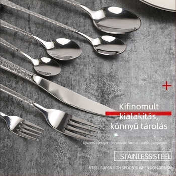 Három darabos steak készlet: kés, villa és kanál, 201 rozsdamentes acél, kalapács mintázatú nyél, retro stílus, tükrös felületű polírozás