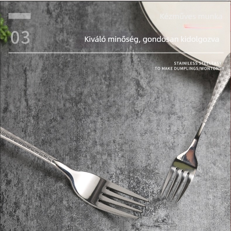 Három darabos steak készlet: kés, villa és kanál, 201 rozsdamentes acél, kalapács mintázatú nyél, retro stílus, tükrös felületű polírozás