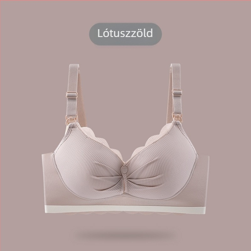 Éjszakai szoptatós melltartó vékony formázott kosarakkal, acélcsík nélkül, nylon anyagból, hátul négy sor kapocsos záródással, fodrokkal
