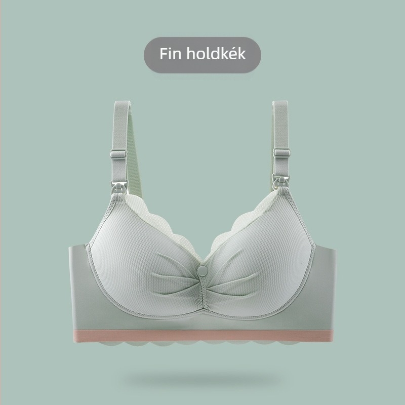 Éjszakai szoptatós melltartó vékony formázott kosarakkal, acélcsík nélkül, nylon anyagból, hátul négy sor kapocsos záródással, fodrokkal