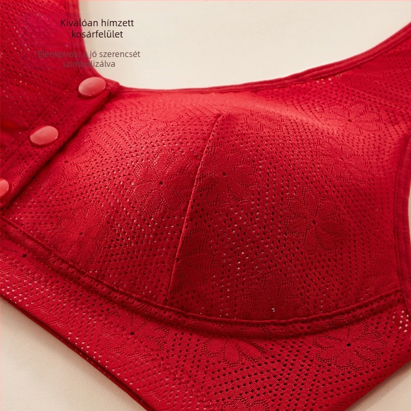 Piros nylon melltartó pamut bélés nélkül, elölről záródó, nagy méret idős nőknek