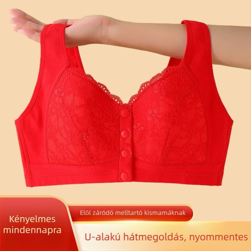 Pamut melltartó előre záródó, drót nélküli, vest-stílusú, idős nőknek, nagy méret, 3/4 kosár, formázott kosár