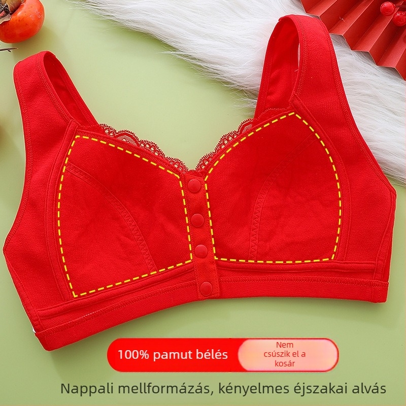 Pamut melltartó előre záródó, drót nélküli, vest-stílusú, idős nőknek, nagy méret, 3/4 kosár, formázott kosár