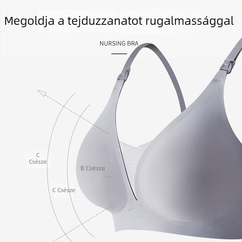 Terhes- és szoptatós melltartó, varrás nélküli, vékony formázott kosár, kivezető vas rendszer nélkül, fix kettős vállpántok, hátul négy sor kapocs, egyszerű és természetes stílus; fő anyag: 55% nylon; bélés: 30–50% spandex